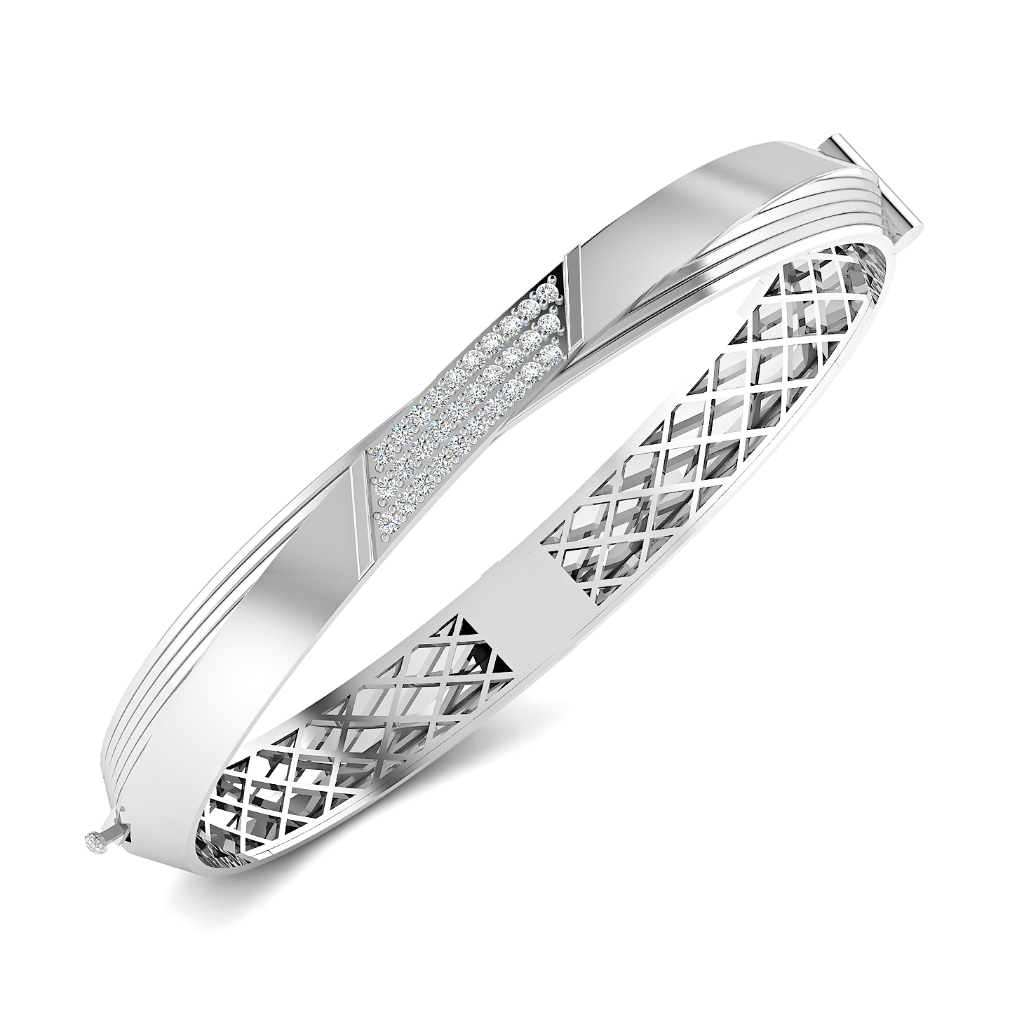 Elegant Diamond Stream Bangle – Sleek White Gold Look with Criss-Cross Lattice Interior