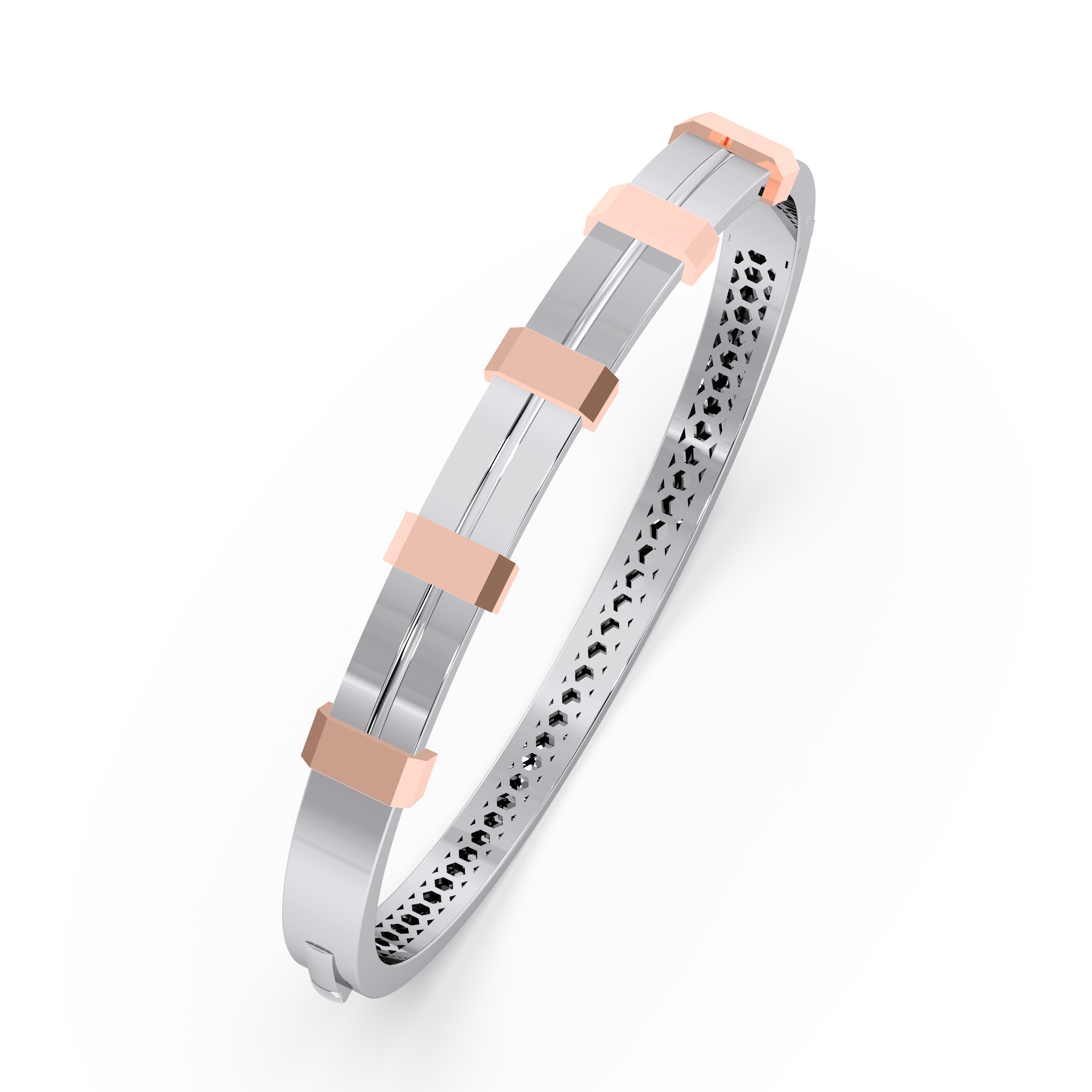 Dual-Tone Platinum Bangle with Rose-Gold Geometric Bar Accents