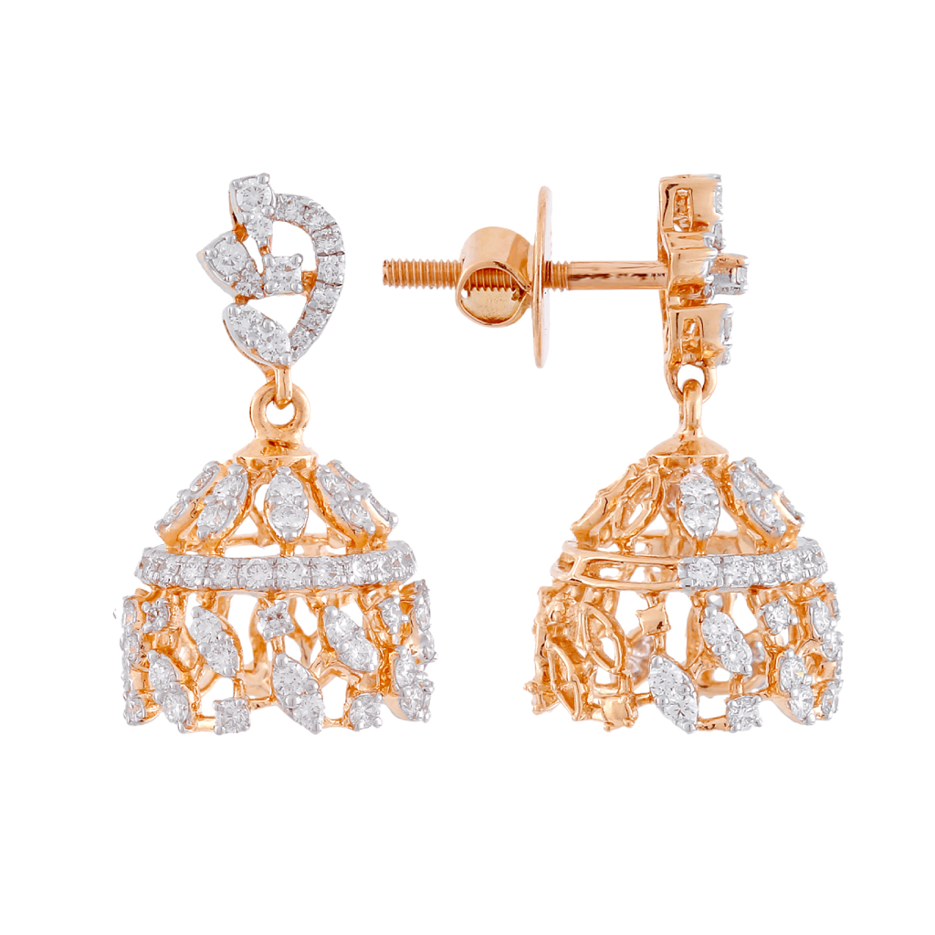 Diamond Leaf Motif Jhumka Earrings in Rose Gold