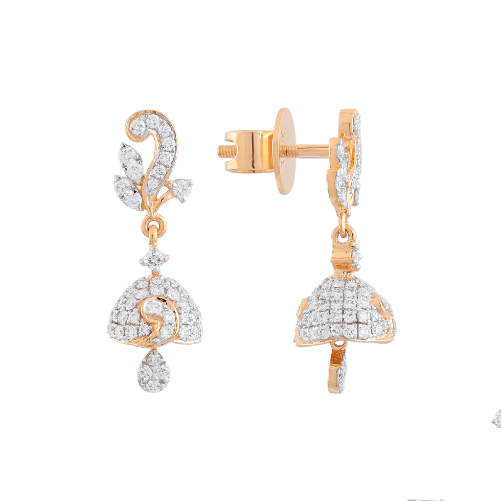 Rose Gold Diamond Jhumka Earrings with Paisley Motif