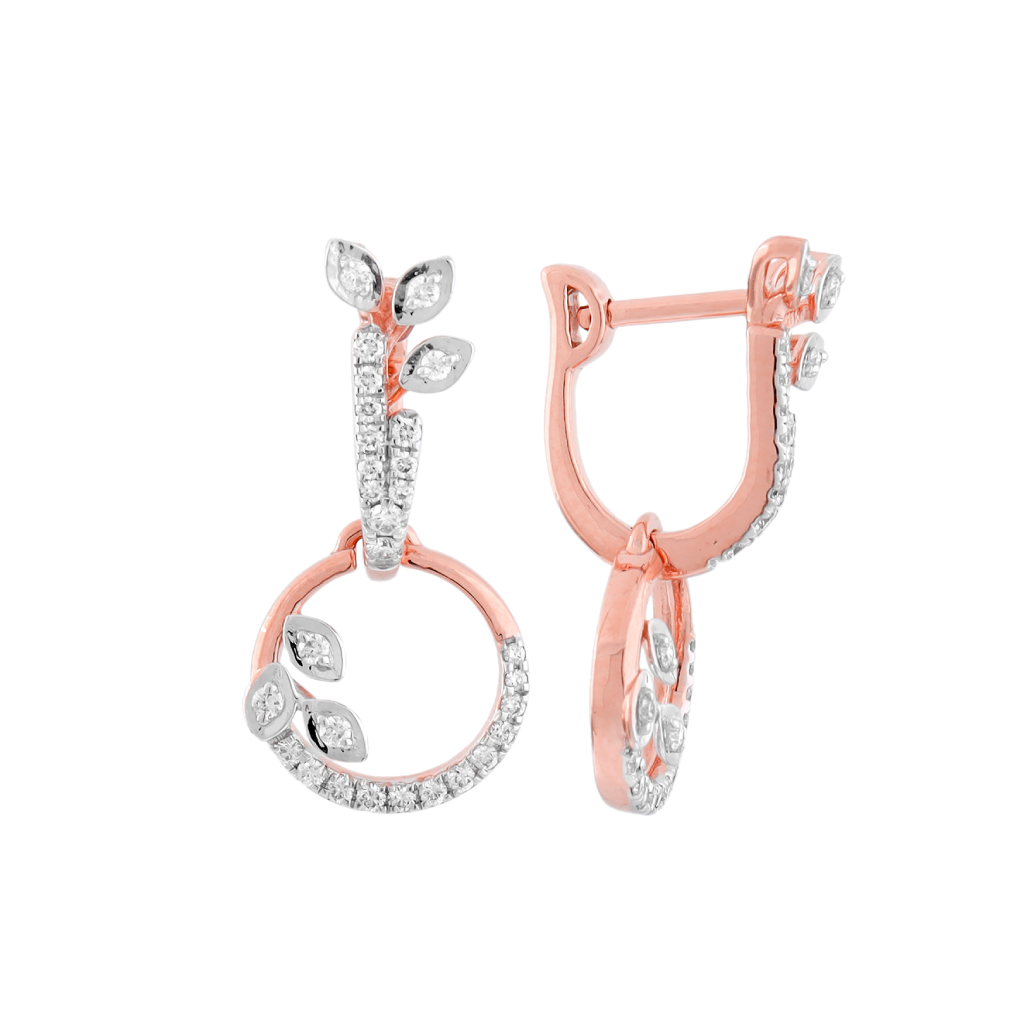 Diamond Leaf Circle Drop Earrings in Rose Gold