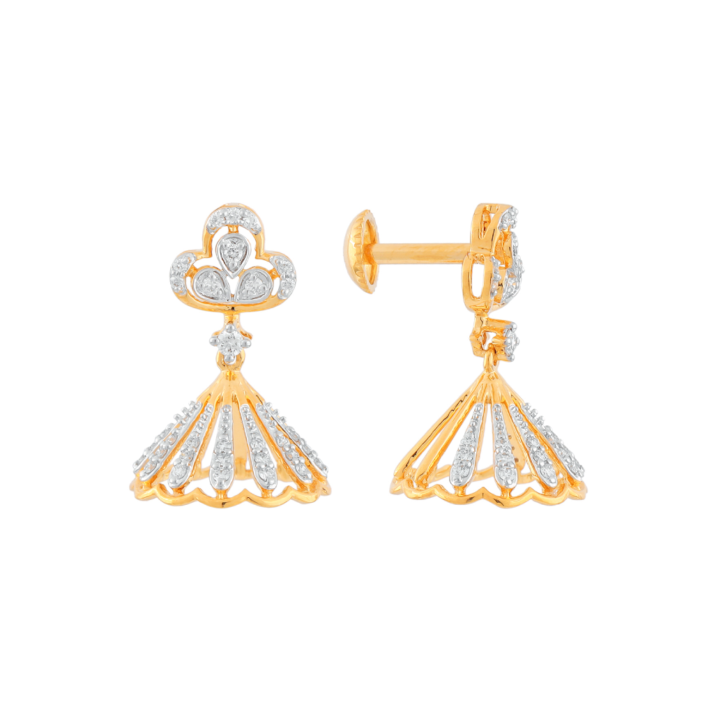 Traditional Floral Diamond Fan Jhumka Gold Screw-Back Earrings