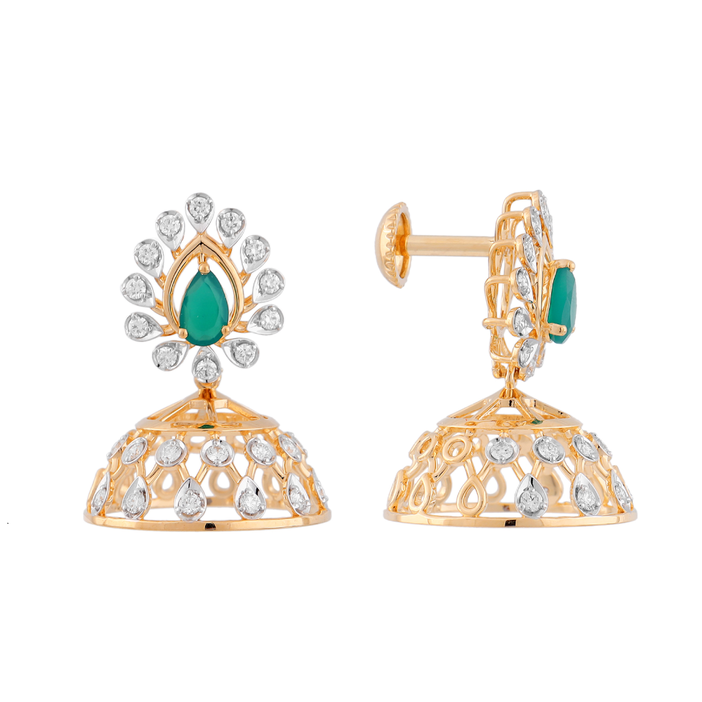 Emerald Accent Diamond Jhumka Gold Screw-Back Earrings