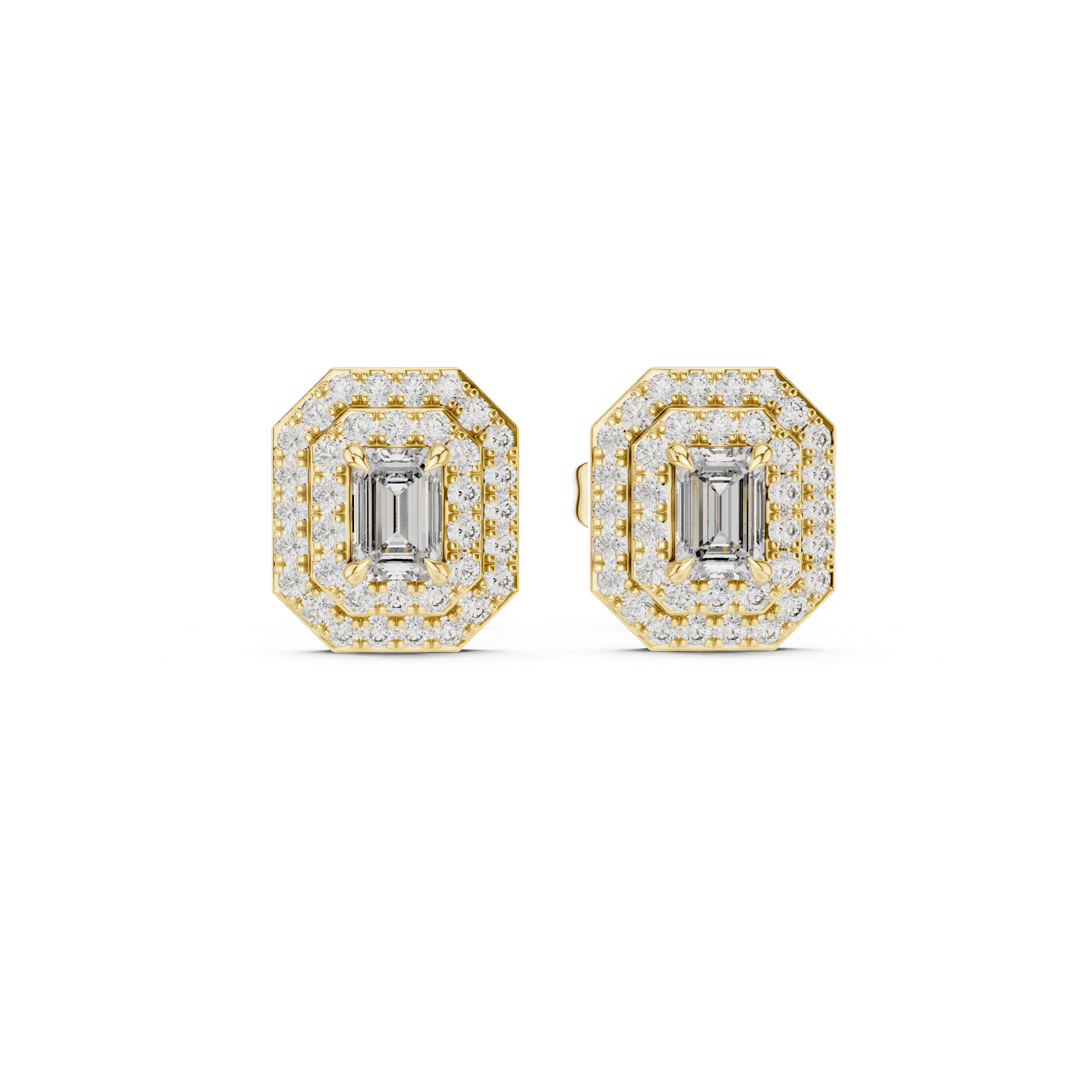 Emerald-Cut Diamond Double Halo Octagon Stud Earrings in Yellow Gold
