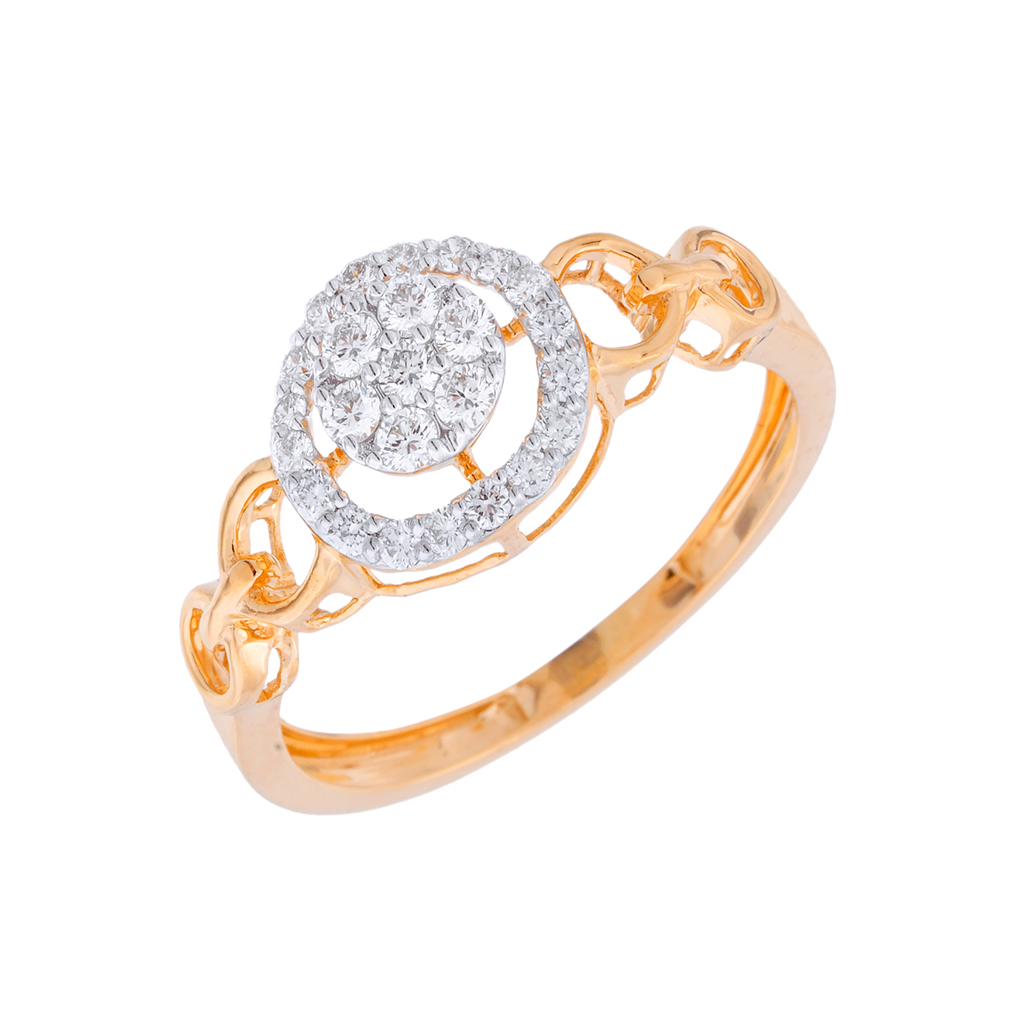 Round Halo Diamond Gold Ring with Linked Shank