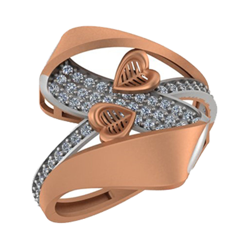 Artistic Leaf-Cross Two-Tone Diamond Statement Ring in Rose Gold Finish